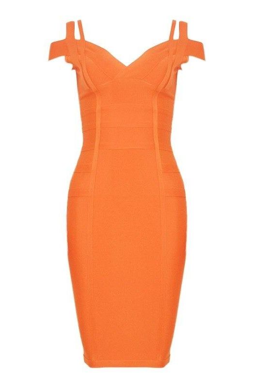 Woman wearing a figure flattering  Sia Bandage Dress - Apricot Orange Bodycon Collection