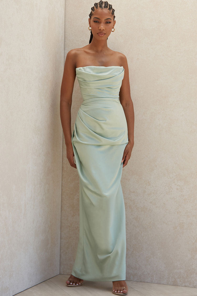 Silky High Slit Strapless Ruched Satin Maxi Dress - Sage Green - Fashionpara