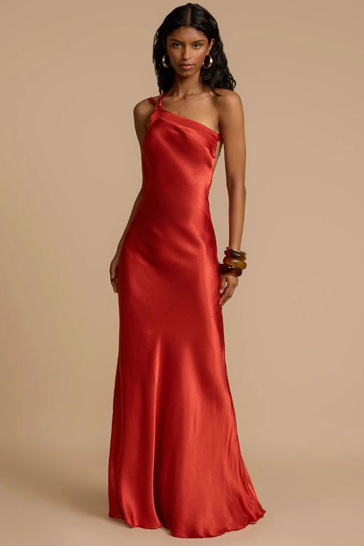 Silky One Shoulder Backless Tie Side Satin Mermaid Evening Maxi Dress