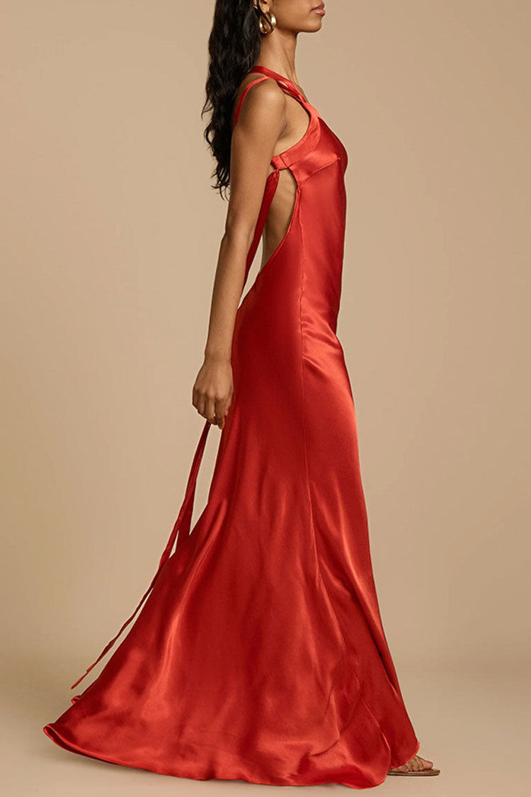 Silky One Shoulder Backless Tie Side Satin Mermaid Evening Maxi Dress