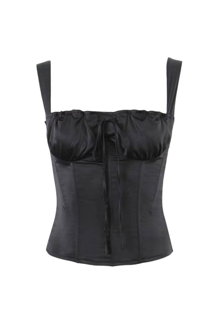 Silky Satin Bow Tie Ruched Bustier Suspender Strap Corset Crop Tank Top