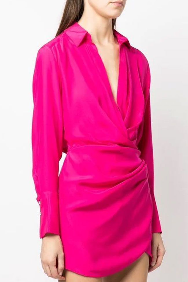 Silky Satin Collared V Neck Long Sleeve Draped Shirt Mini Dress - Hot Pink - Fashionpara