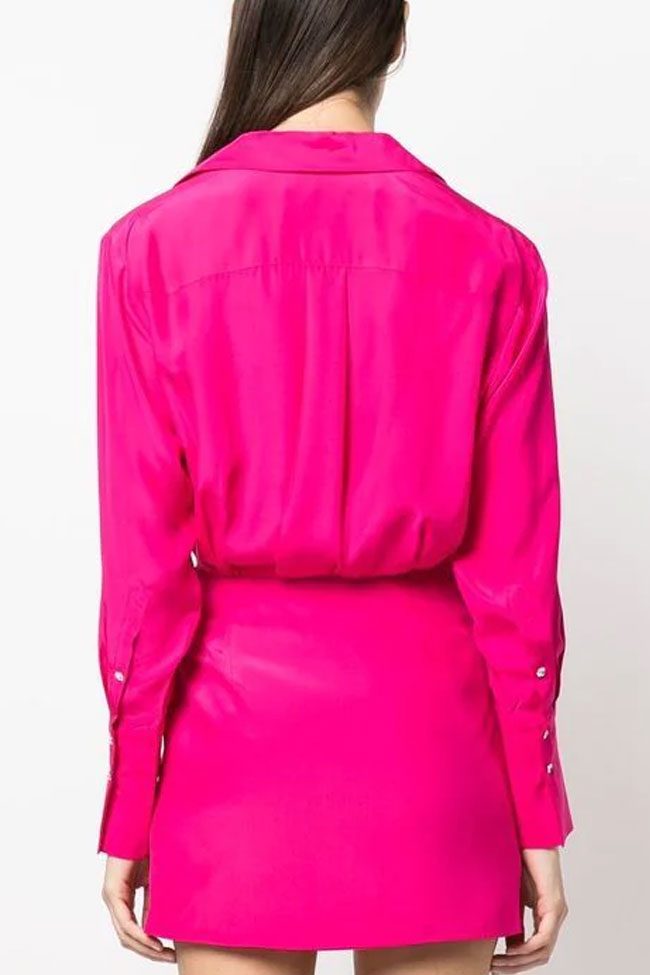 Silky Satin Collared V Neck Long Sleeve Draped Shirt Mini Dress - Hot Pink - Fashionpara