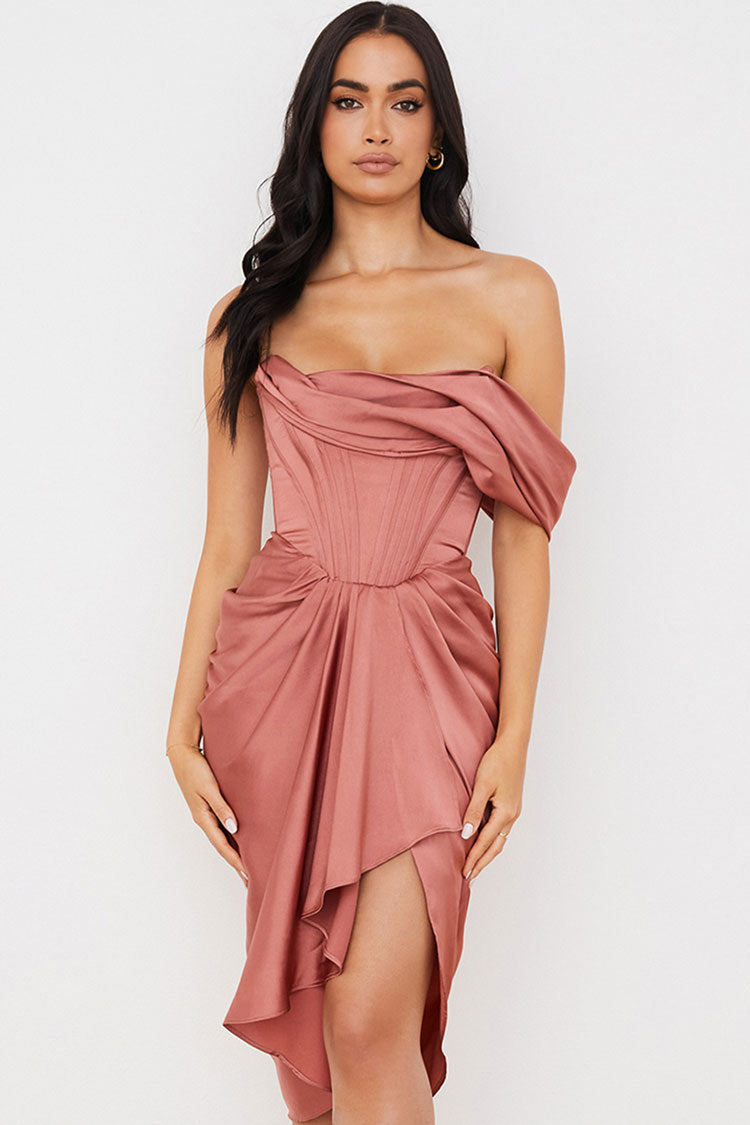 Silky Satin Off Shoulder Ruched Bodycon Midi Corset Dress - Dusty Pink - Fashionpara