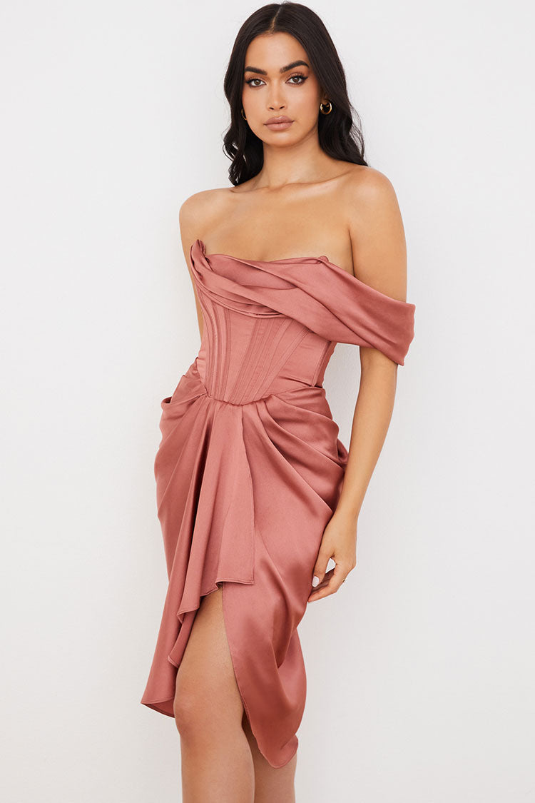 Silky Satin Off Shoulder Ruched Bodycon Midi Corset Dress - Dusty Pink - Fashionpara