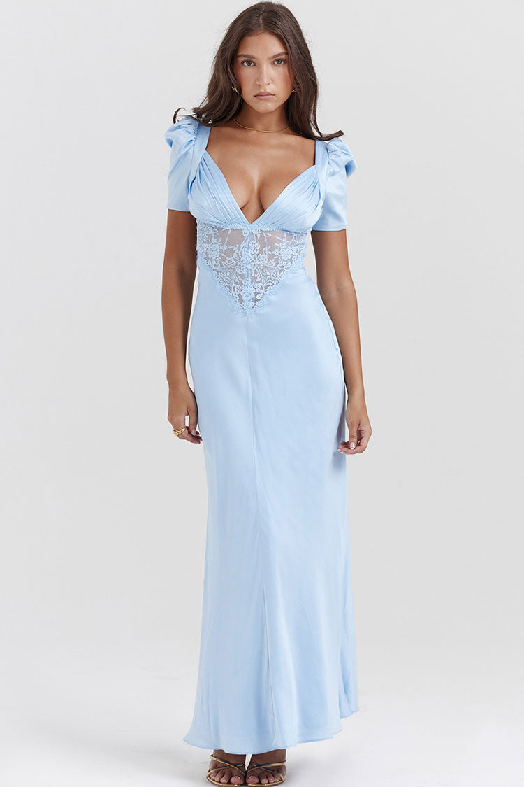 Silky Satin Pleated Deep V Puff Sleeve Lace Panel Fishtail Evening Maxi Dress - Blue - Fashionpara