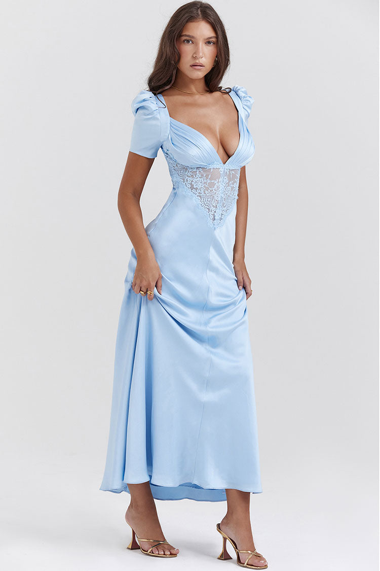 Silky Satin Pleated Deep V Puff Sleeve Lace Panel Fishtail Evening Maxi Dress - Blue - Fashionpara