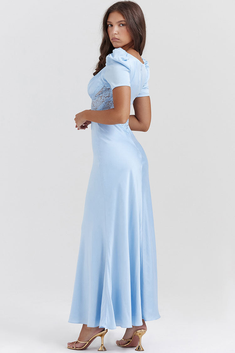 Silky Satin Pleated Deep V Puff Sleeve Lace Panel Fishtail Evening Maxi Dress - Blue - Fashionpara