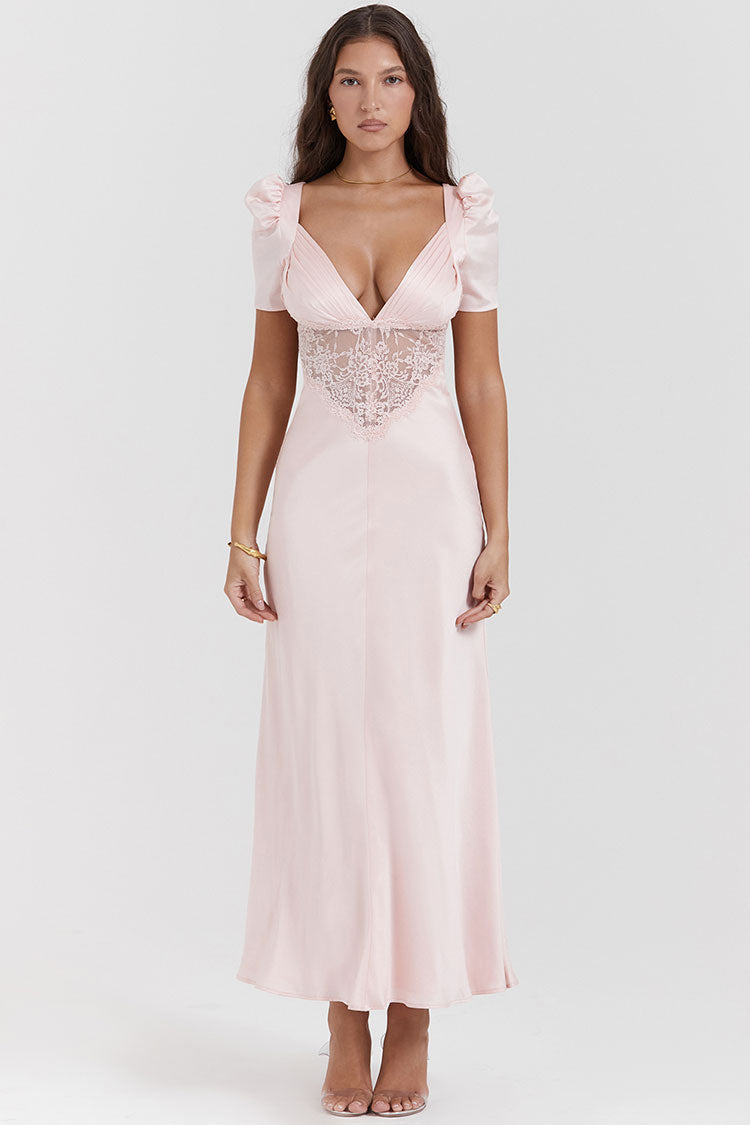 Silky Satin Pleated Deep V Puff Sleeve Lace Panel Fishtail Evening Maxi Dress - Pink - Fashionpara