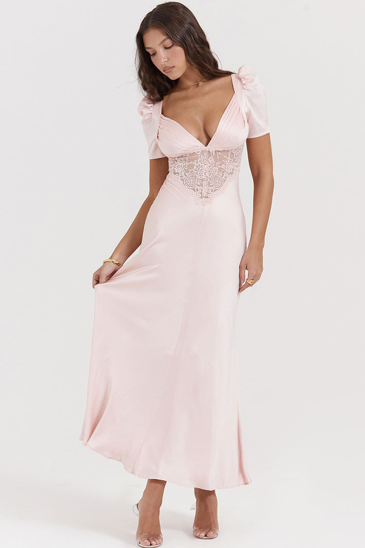 Silky Satin Pleated Deep V Puff Sleeve Lace Panel Fishtail Evening Maxi Dress - Pink - Fashionpara