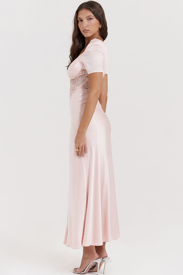 Silky Satin Pleated Deep V Puff Sleeve Lace Panel Fishtail Evening Maxi Dress - Pink - Fashionpara