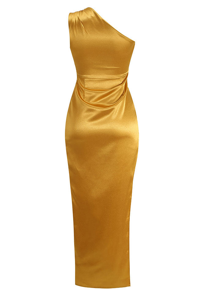 Silky Satin Pleated One Shoulder High Slit Midi Evening Dress - Gold