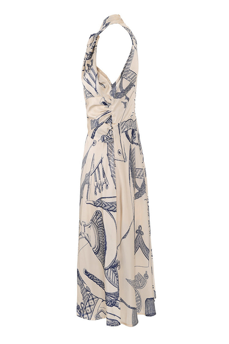 Silky Satin Printed Twist Neck Ruched Sleeveless French Midi Sundress - Fashionpara