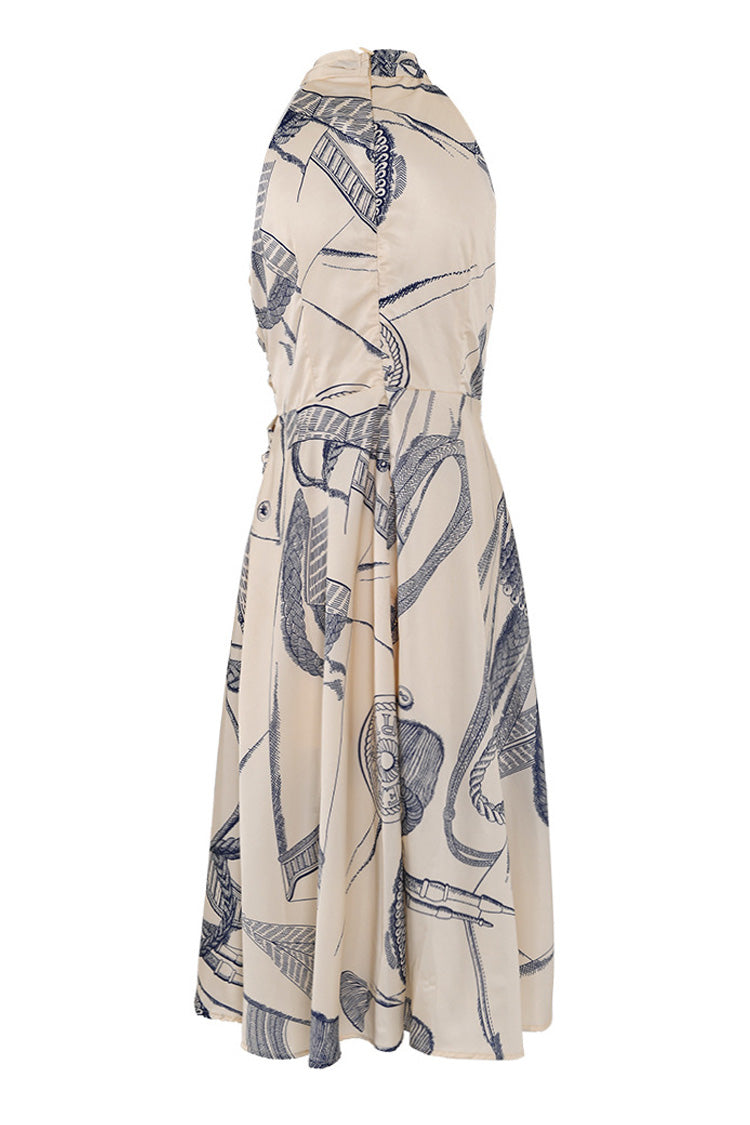 Silky Satin Printed Twist Neck Ruched Sleeveless French Midi Sundress - Fashionpara