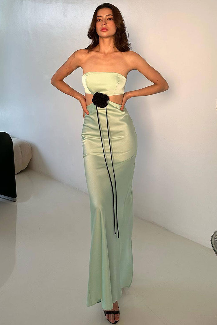 Silky Satin Rosette Trim Cutout Strapless Summer Prom Maxi Dress - Mint Green - Fashionpara