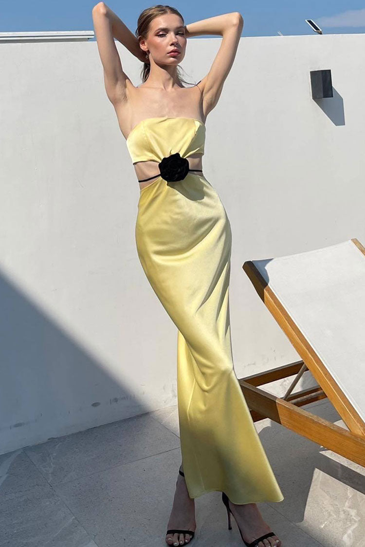 Silky Satin Rosette Trim Cutout Strapless Summer Prom Maxi Dress - Yellow - Fashionpara