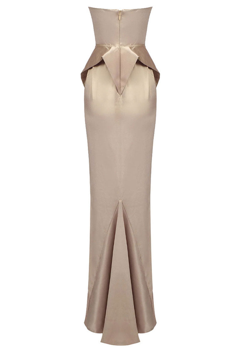 Silky Satin Strapless Hourglass Peplum Waist Fishtail Evening Maxi Dress - Light Tan