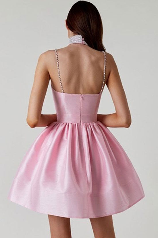 Silky Sweetheart Spaghetti Strap Pleated Satin Skater Mini Dress - Pink