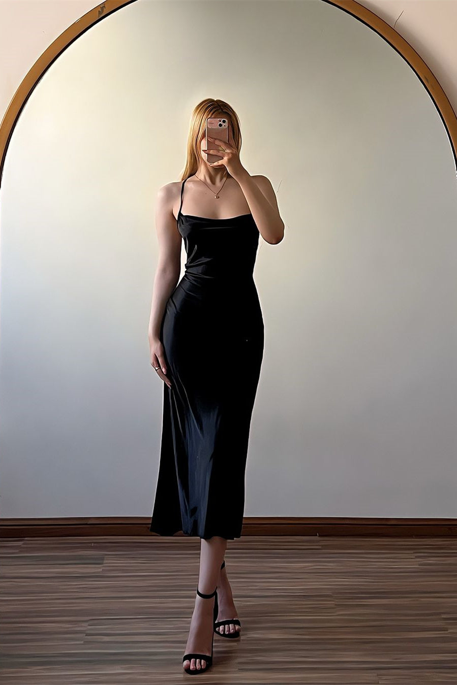 Minimalist Black Spaghetti Strap Satin Sleeveless Backless Prom Dress - Fashionpara