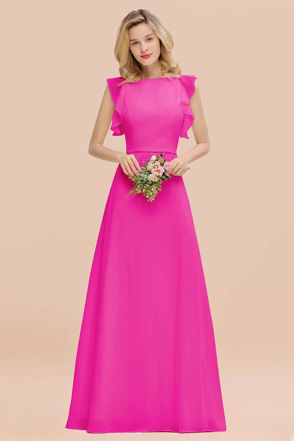 Simple Jewel Draped Sleeves Blushing Pink Bridesmaid Dresses - Fashionpara