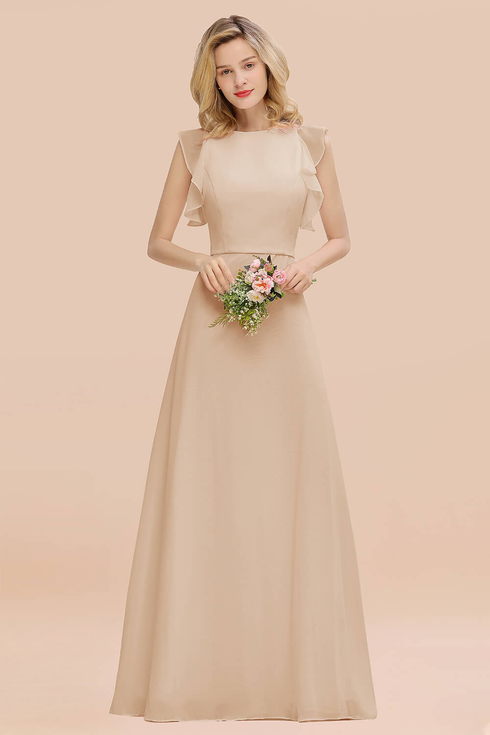 Simple Jewel Draped Sleeves Blushing Pink Bridesmaid Dresses