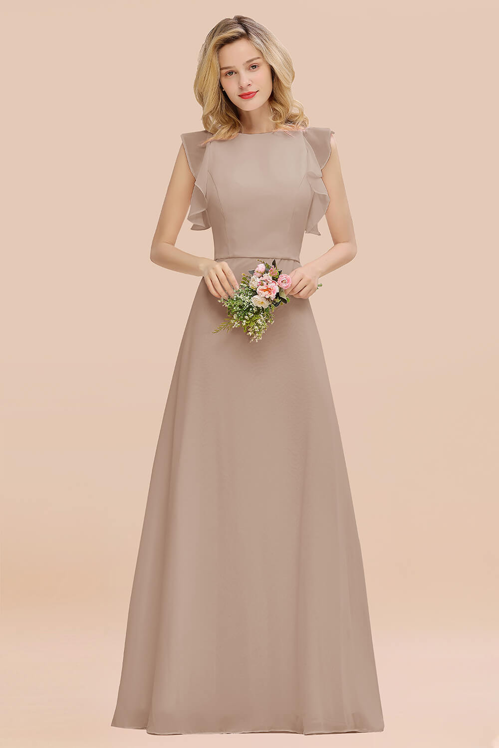 Simple Jewel Draped Sleeves Blushing Pink Bridesmaid Dresses - Fashionpara