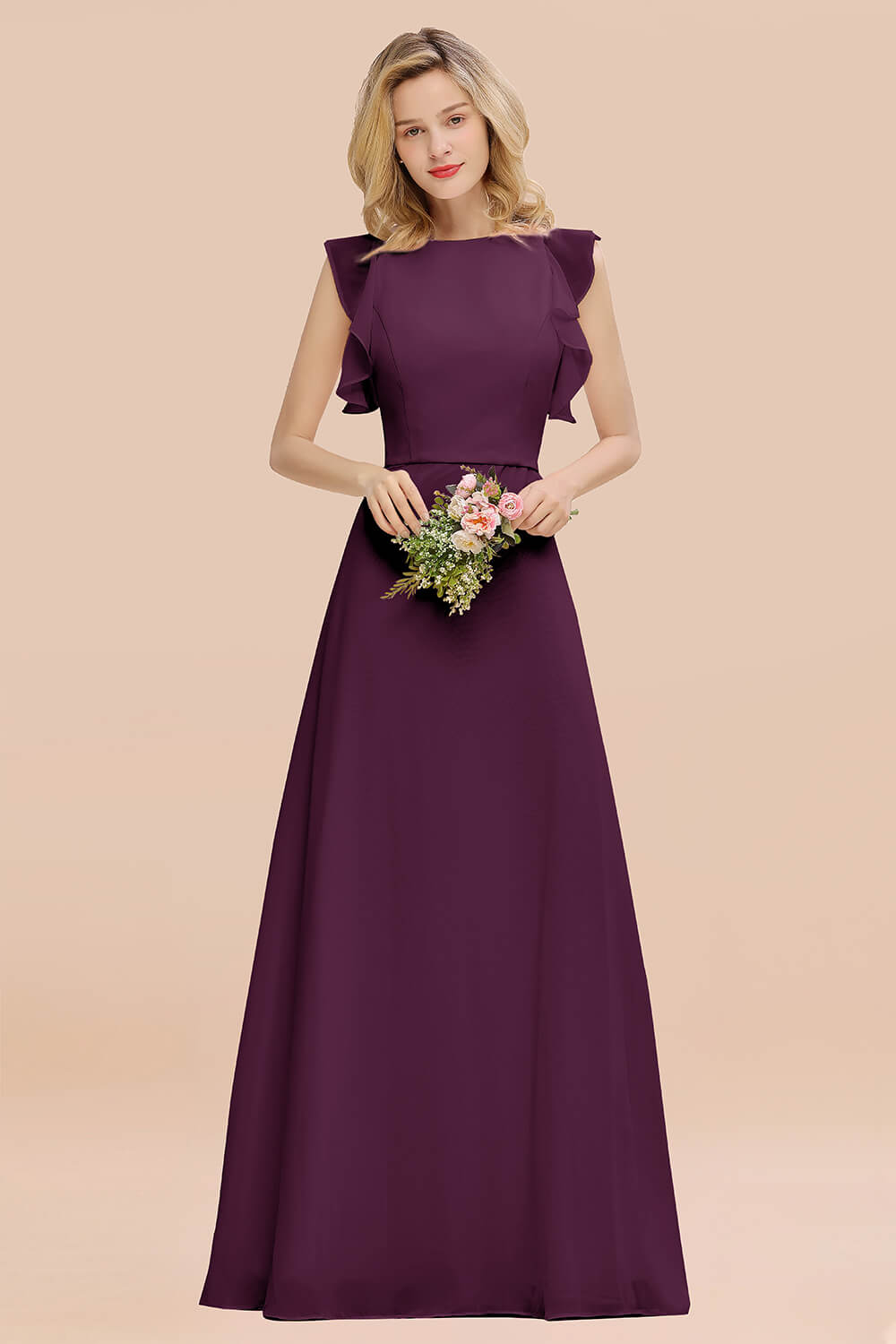 Simple Jewel Draped Sleeves Blushing Pink Bridesmaid Dresses - Fashionpara