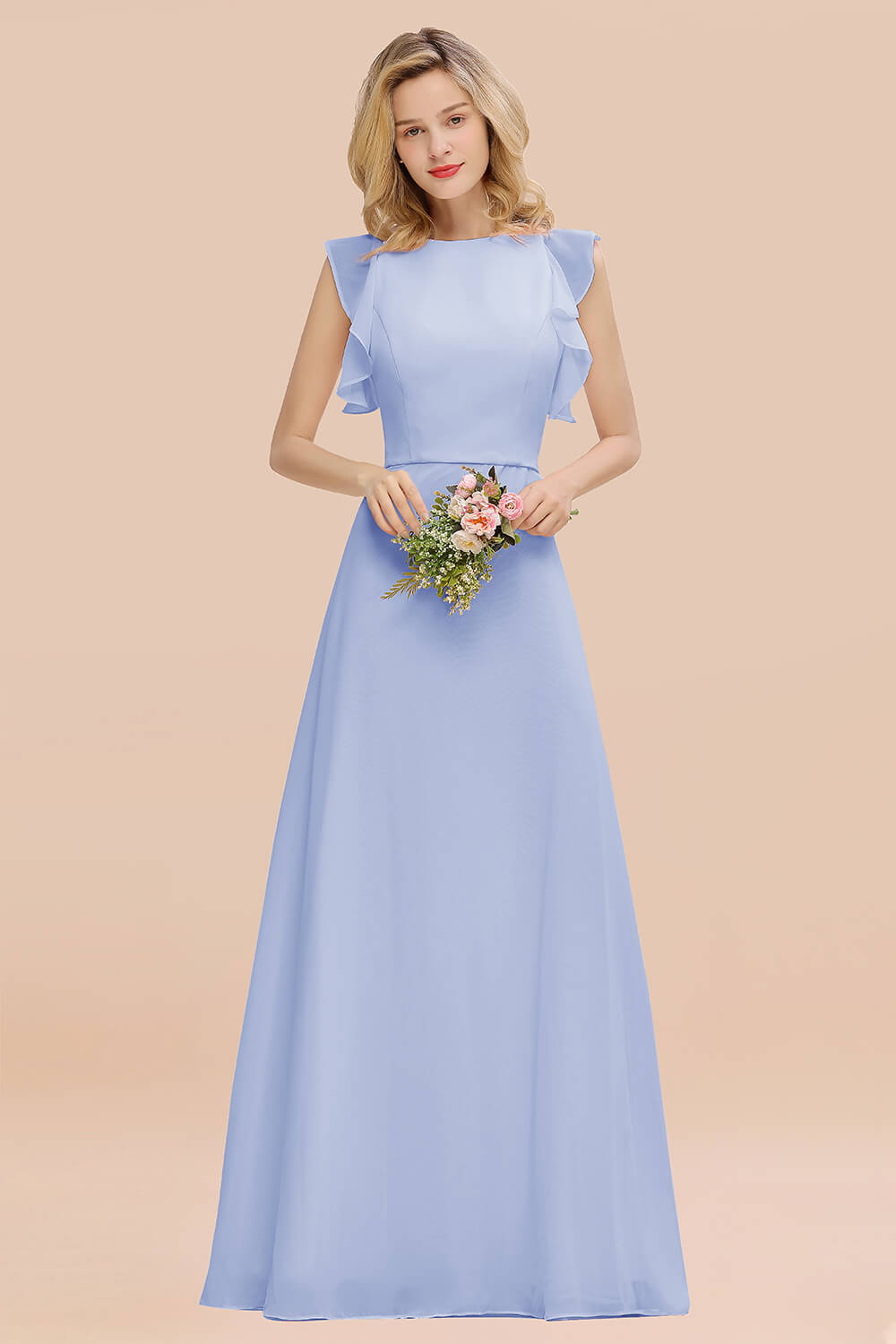 Simple Jewel Draped Sleeves Blushing Pink Bridesmaid Dresses - Fashionpara