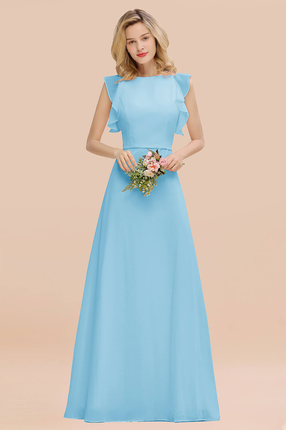 Simple Jewel Draped Sleeves Blushing Pink Bridesmaid Dresses - Fashionpara