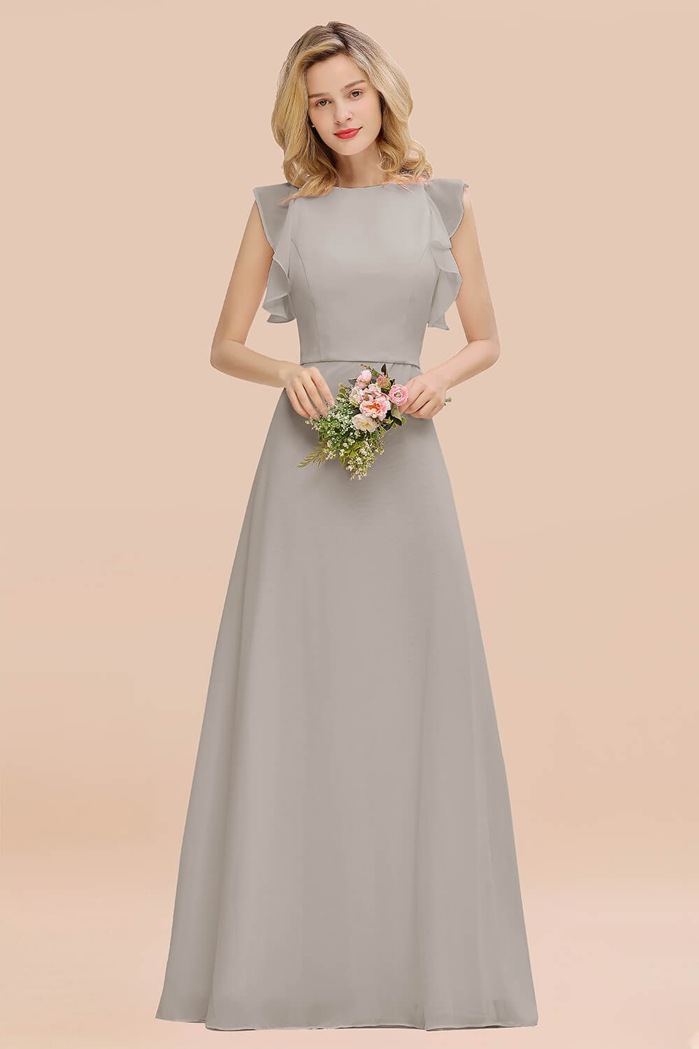 Simple Jewel Draped Sleeves Blushing Pink Bridesmaid Dresses - Fashionpara