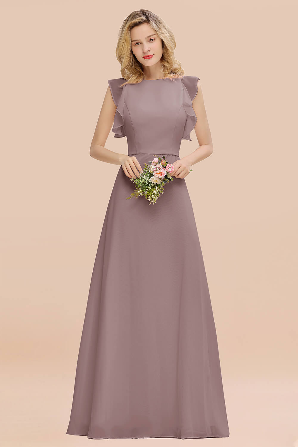 Simple Jewel Draped Sleeves Blushing Pink Bridesmaid Dresses