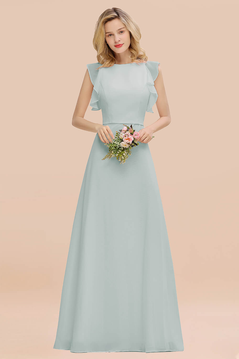 Simple Jewel Draped Sleeves Blushing Pink Bridesmaid Dresses