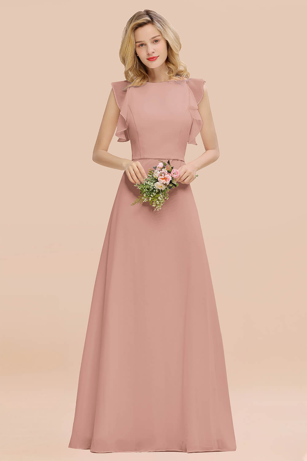 Simple Jewel Draped Sleeves Blushing Pink Bridesmaid Dresses - Fashionpara