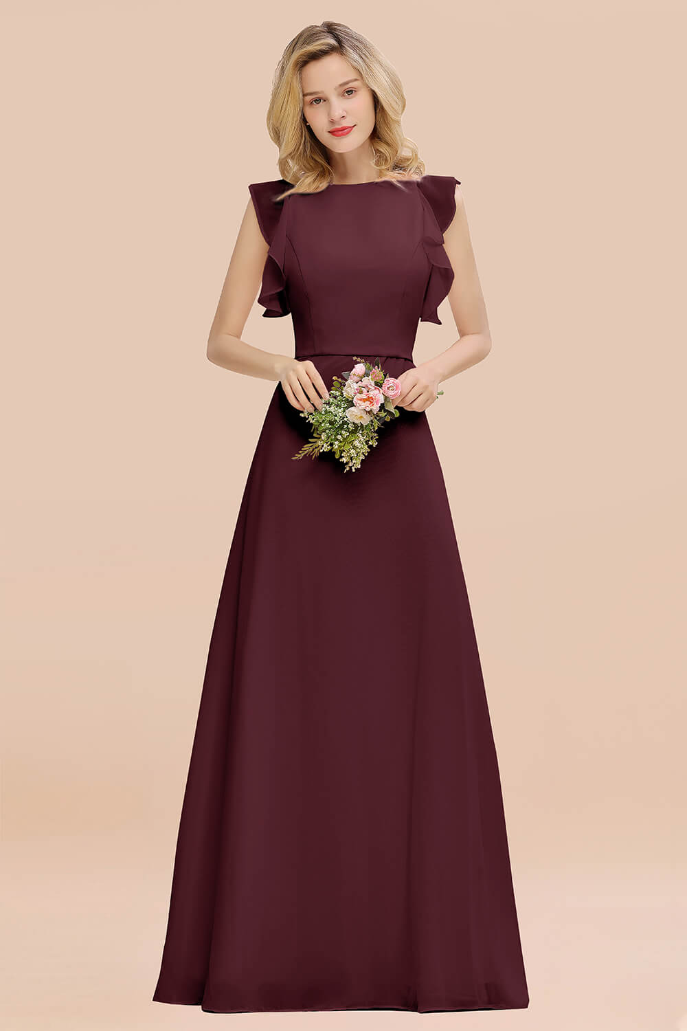 Simple Jewel Draped Sleeves Blushing Pink Bridesmaid Dresses