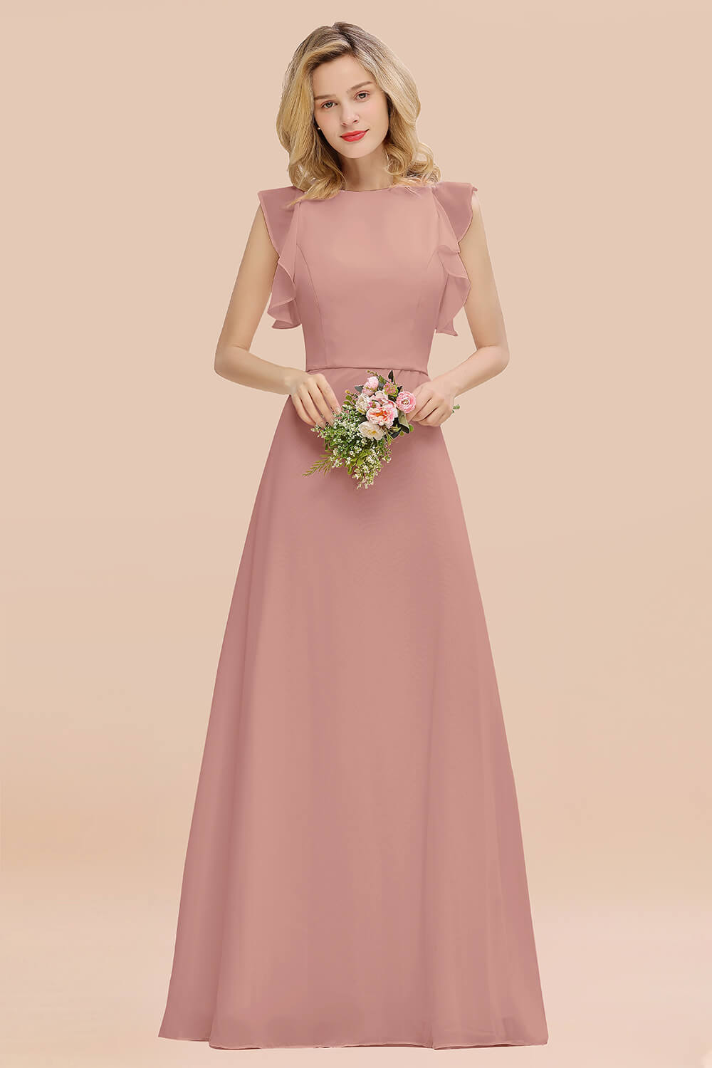 Simple Jewel Draped Sleeves Blushing Pink Bridesmaid Dresses