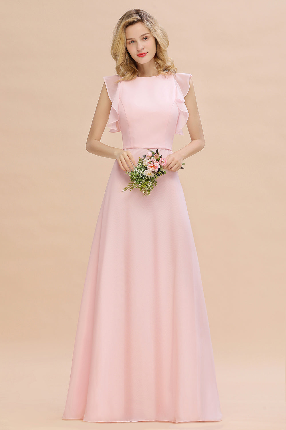 Simple Jewel Draped Sleeves Blushing Pink Bridesmaid Dresses