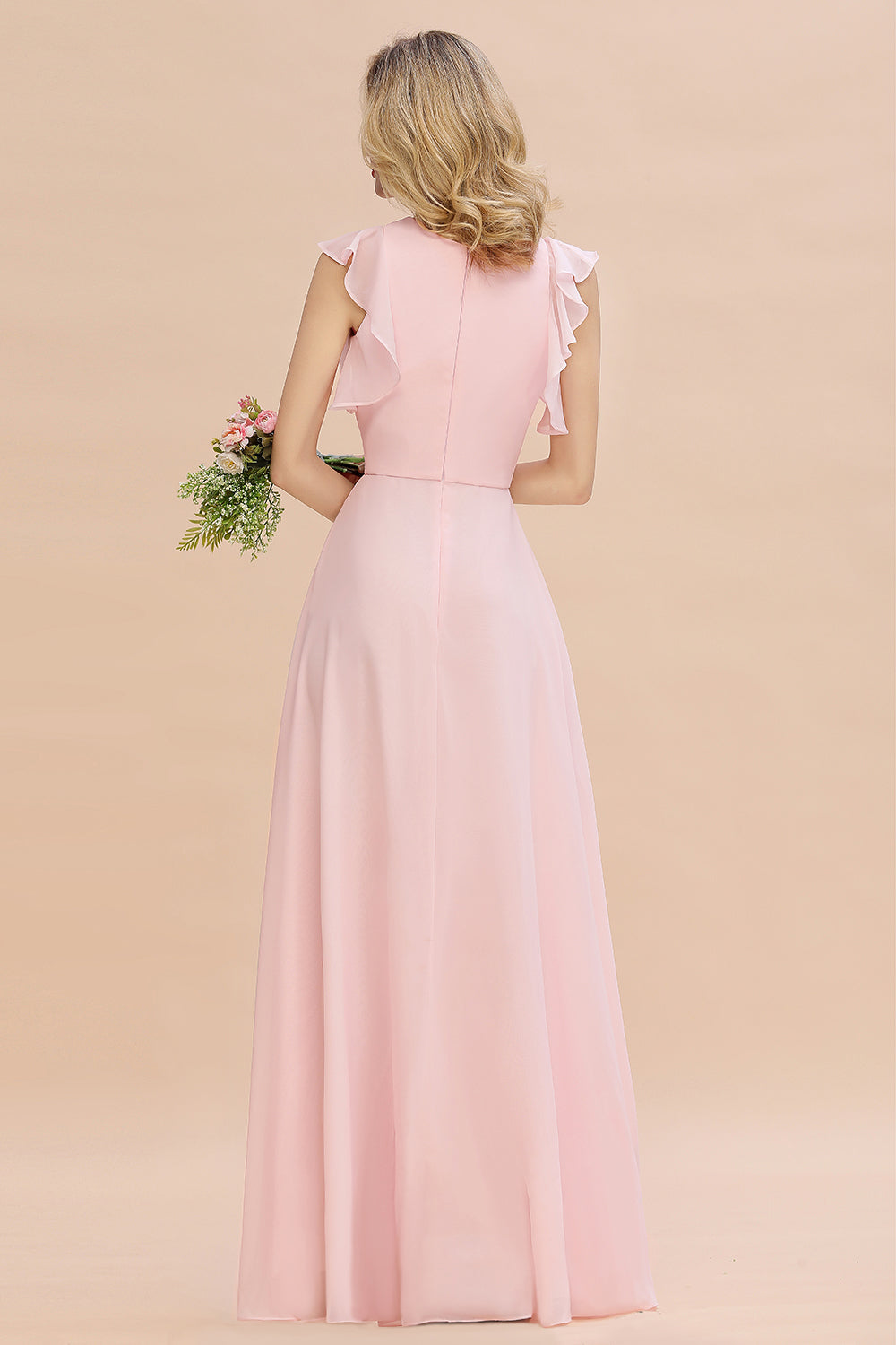 Simple Jewel Draped Sleeves Blushing Pink Bridesmaid Dresses