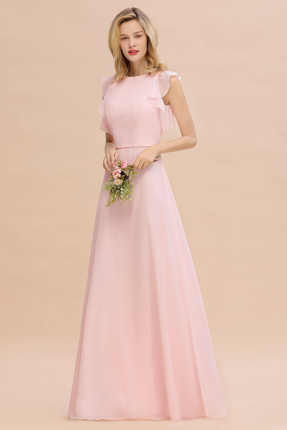 Simple Jewel Draped Sleeves Blushing Pink Bridesmaid Dresses