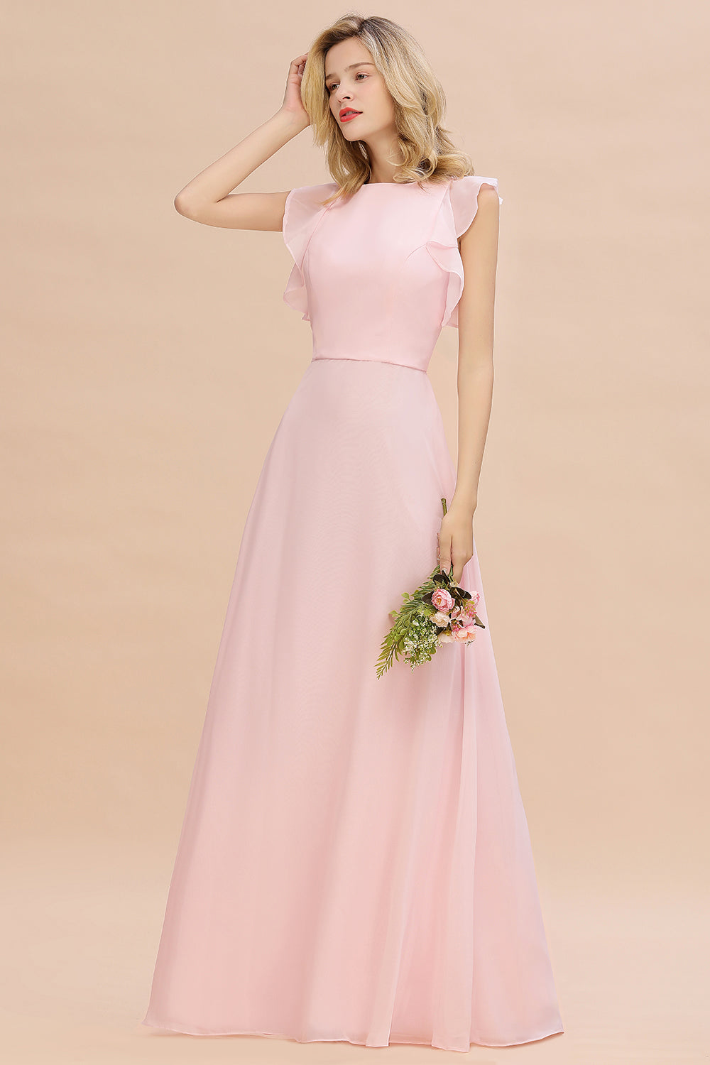 Simple Jewel Draped Sleeves Blushing Pink Bridesmaid Dresses