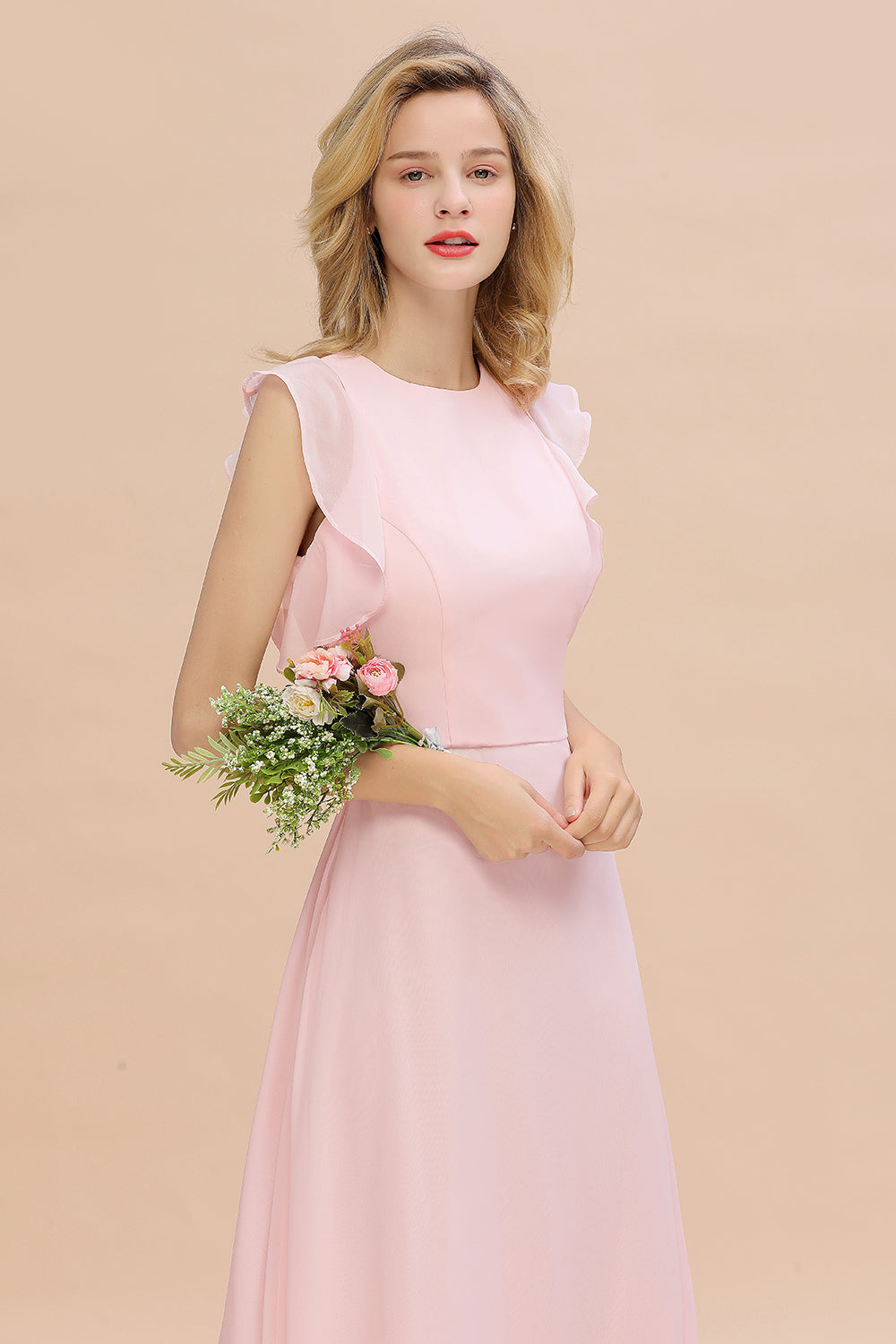 Simple Jewel Draped Sleeves Blushing Pink Bridesmaid Dresses