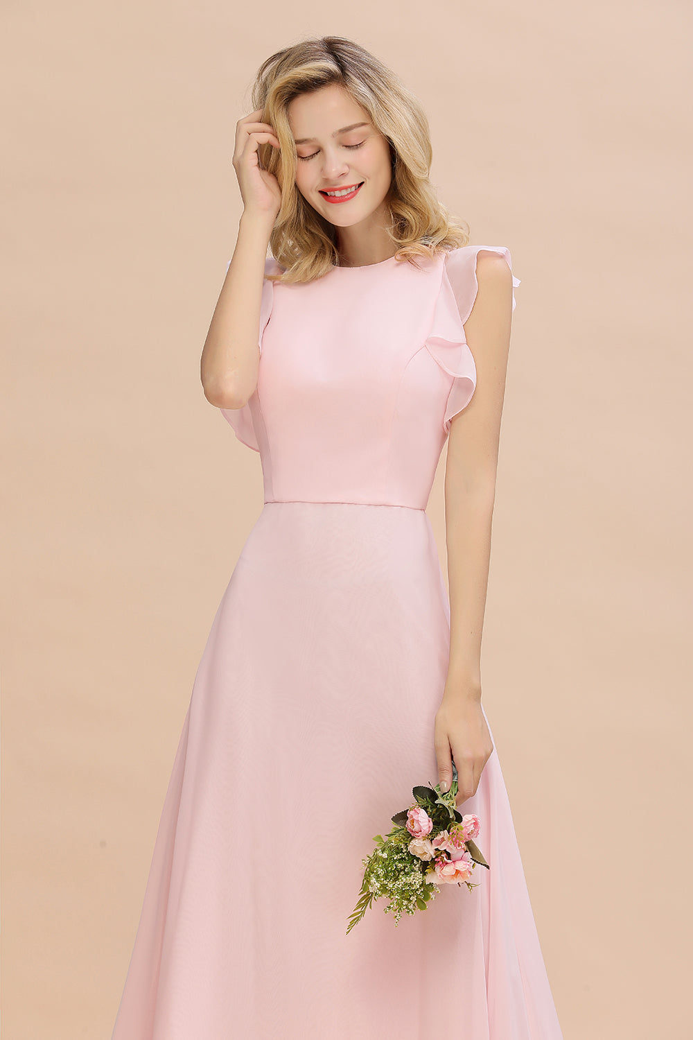 Simple Jewel Draped Sleeves Blushing Pink Bridesmaid Dresses