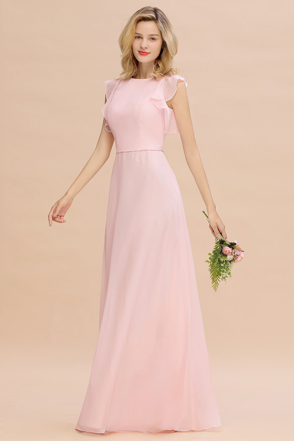 Simple Jewel Draped Sleeves Blushing Pink Bridesmaid Dresses - Fashionpara