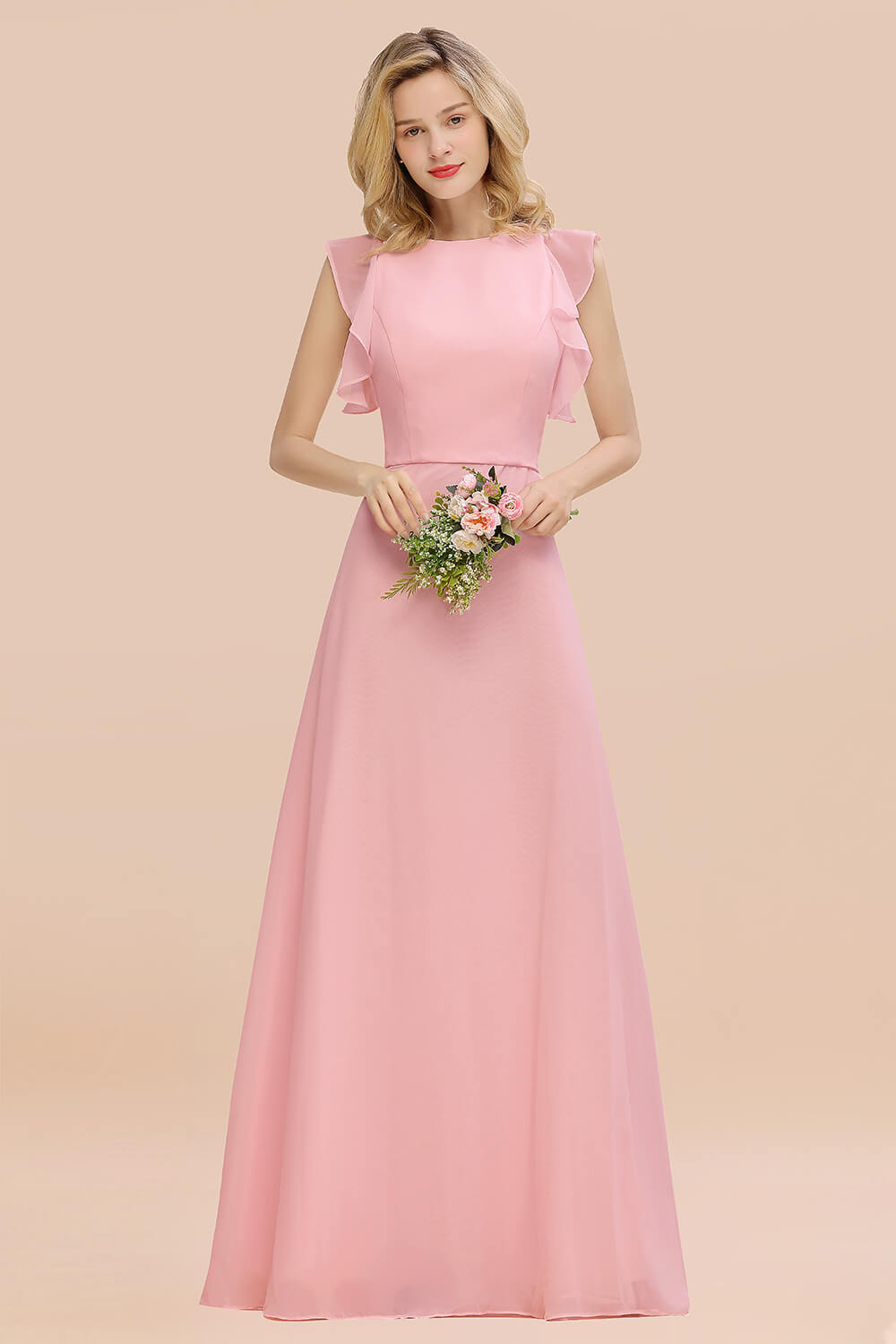 Simple Jewel Draped Sleeves Blushing Pink Bridesmaid Dresses - Fashionpara