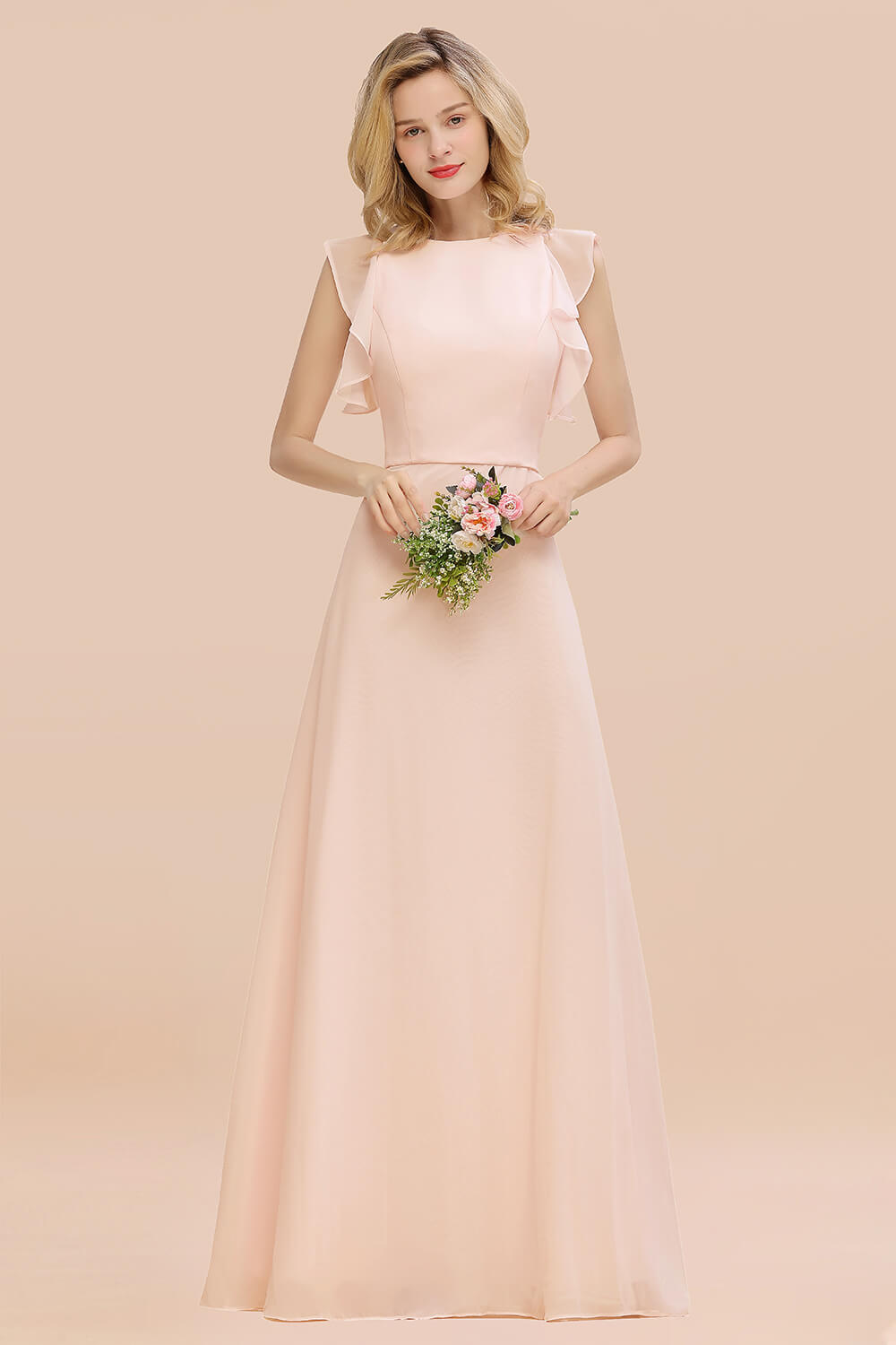 Simple Jewel Draped Sleeves Blushing Pink Bridesmaid Dresses - Fashionpara