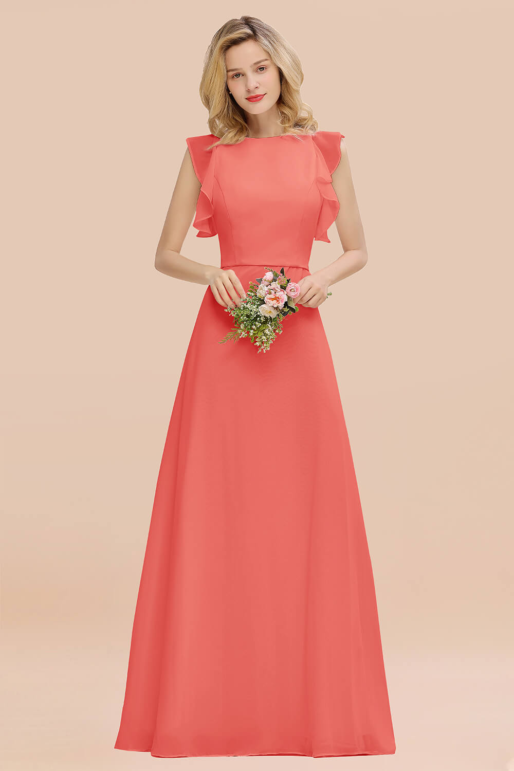 Simple Jewel Draped Sleeves Blushing Pink Bridesmaid Dresses - Fashionpara