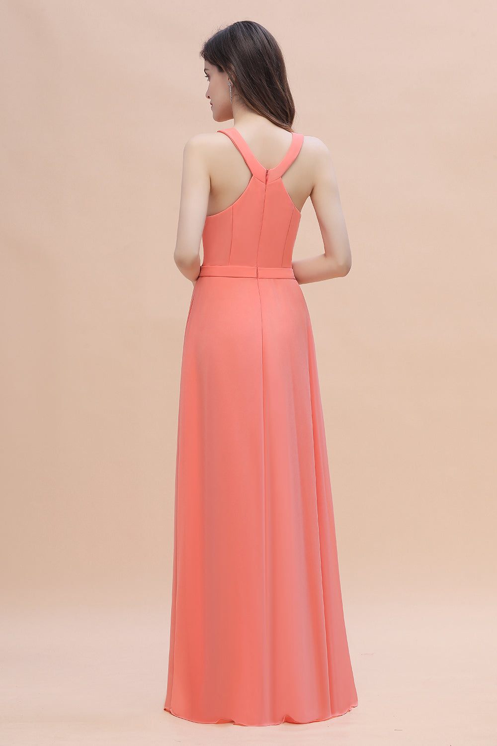 Simple Jewel Sleeveless Coral Chiffon Bridesmaid Dresses