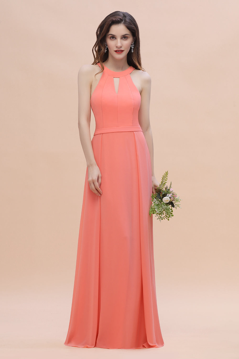 Simple Jewel Sleeveless Coral Chiffon Bridesmaid Dresses