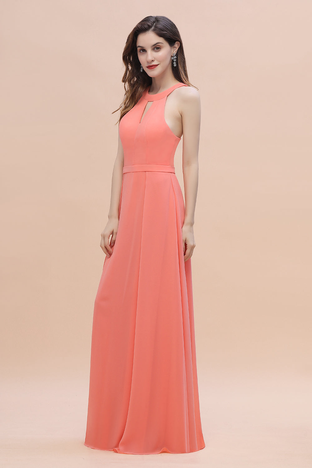 Simple Jewel Sleeveless Coral Chiffon Bridesmaid Dresses