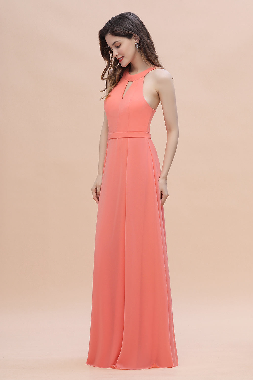 Simple Jewel Sleeveless Coral Chiffon Bridesmaid Dresses