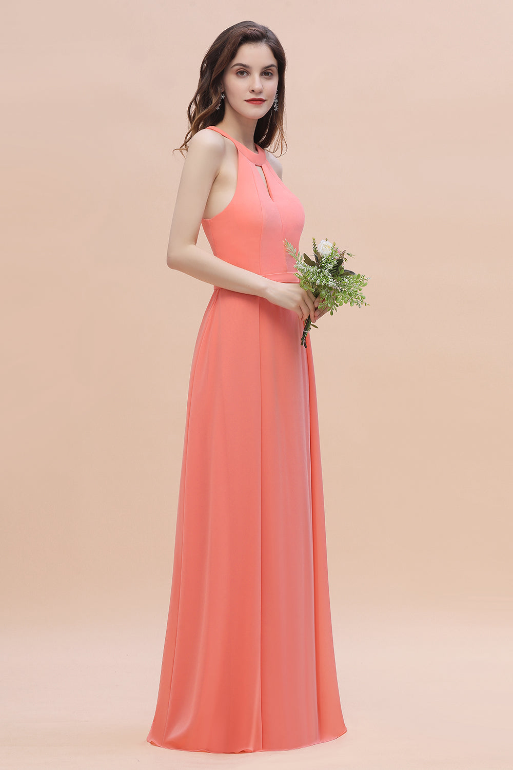 Simple Jewel Sleeveless Coral Chiffon Bridesmaid Dresses